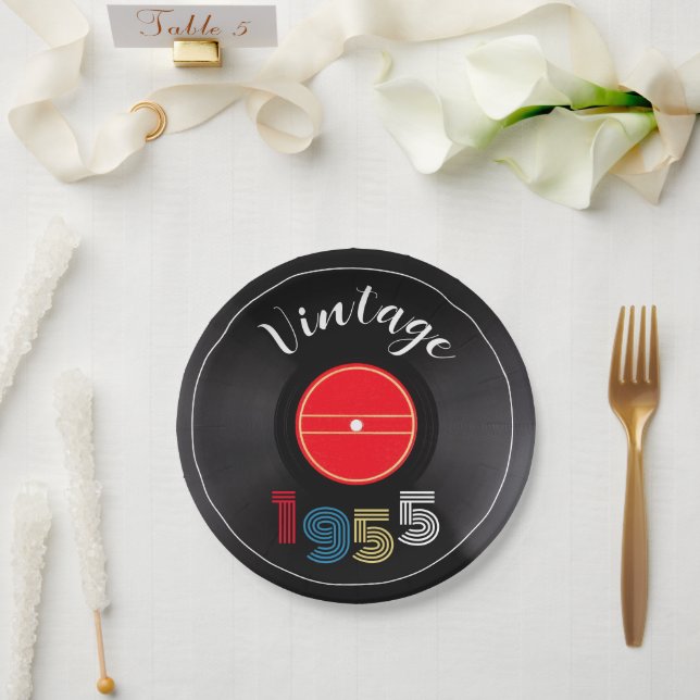 Assiettes En Carton Retro Stripe Vinyl Record 1955 70th Birthday  (Mariage)