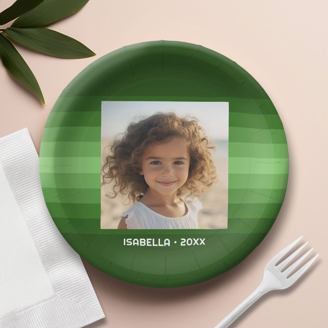 Assiettes En Carton Retro Stripes - Christmas Green - Simple Photo (Custom Paper Plate)