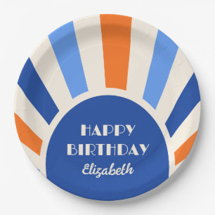 Assiettes En Carton Retro Sunburst Arch Typographie Anniversaire Bleu