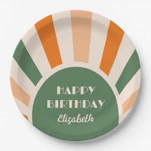 Assiettes En Carton Retro Sunburst Arch Typographie Anniversaire Vert