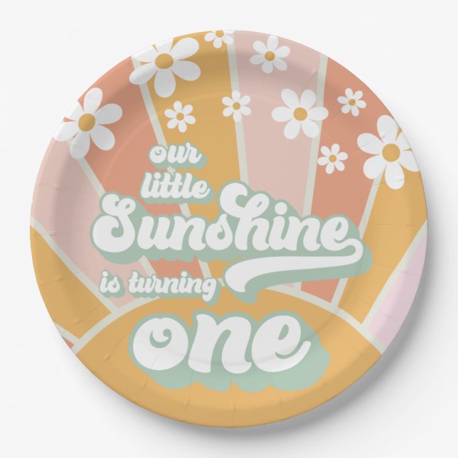 Assiettes En Carton Retro Sunshine daisy boho premier anniversaire flo (Devant)