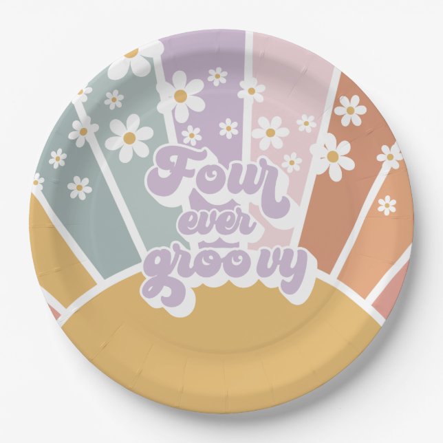 Assiettes En Carton Retro Sunshine Rainbow Daisy 4e anniversaire (Devant)