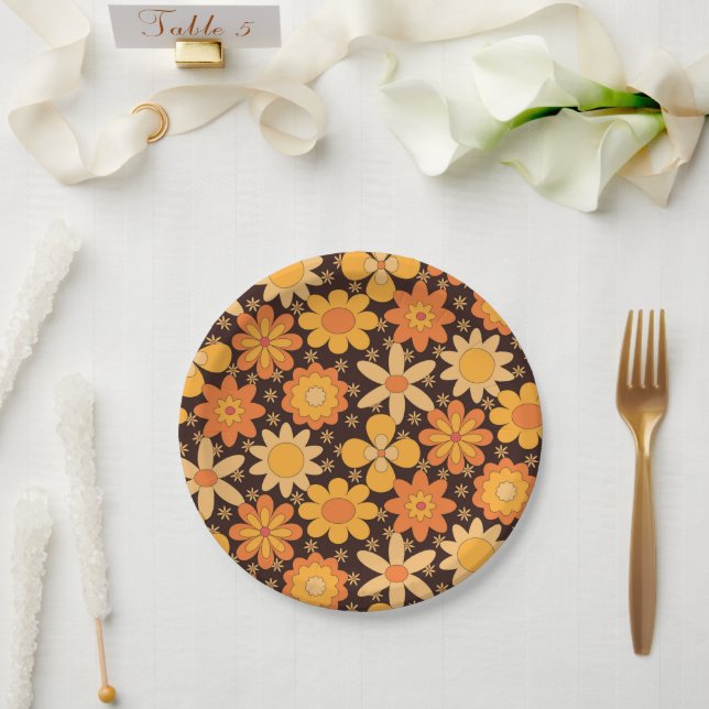 Assiettes En Carton Retro Super motif floral jaune et orange (Mariage)
