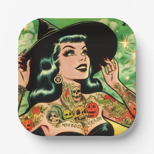 Assiettes En Carton Retro Tattoed Witch Comic (Recto)