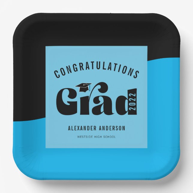 Assiettes En Carton Rétro Texte clair Bleu clair et noir Graduation (Recto)