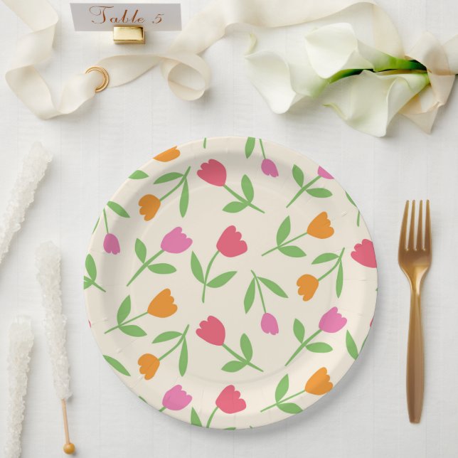 Assiettes En Carton Retro Tulip Flowers pattern in orange pink and red (Mariage)