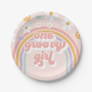 Assiettes En Carton Retro Une Fille Groovy Anniversaire Arc-en-ciel