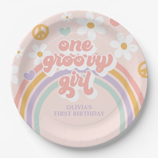 Assiettes En Carton Retro Une Super fille Arc-en-ciel 1er anniversaire (Devant)