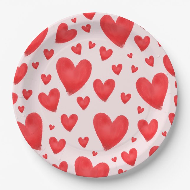 Assiettes En Carton Retro Valentine Hearts Wedding Red Pink (Devant)