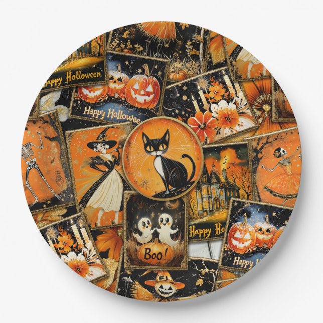 Assiettes En Carton Retro Vintage Halloween Collage amusant (Devant)
