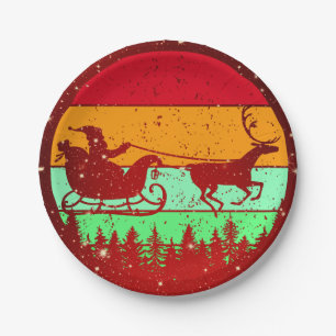 Assiettes En Carton Retro Vintage Sunset Père Noël Sleigh Reindeer 7 p