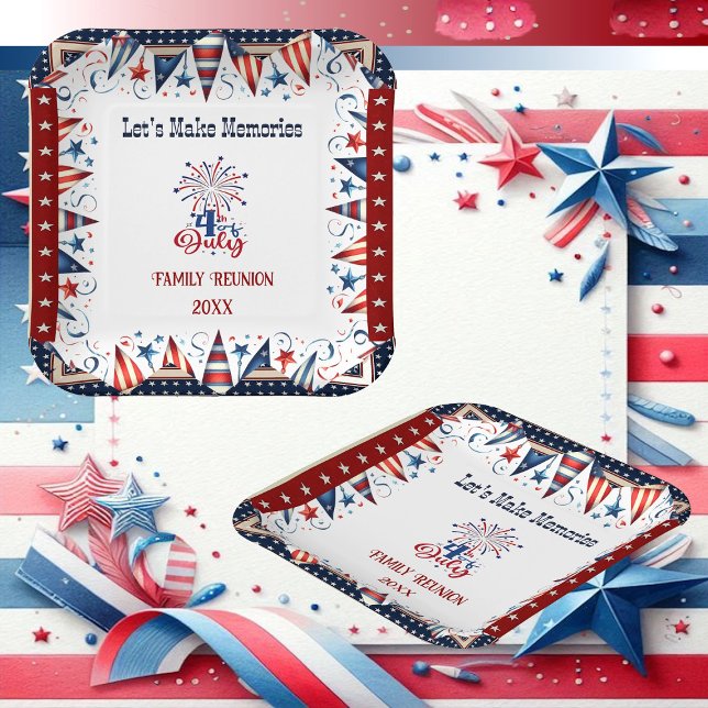 Assiettes En Carton Réunion de famille 4 Juillet Étoiles Firecracker B (Family Reunion 4th July Stars Firecracker Bunting Paper Plates)