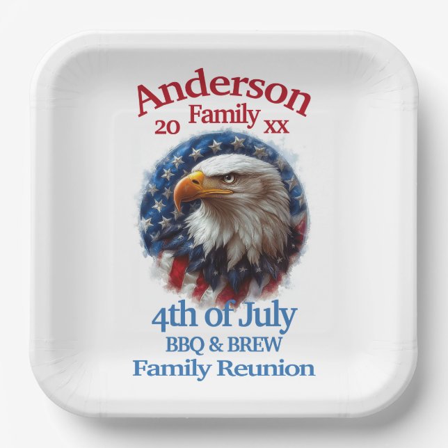 Assiettes En Carton Réunion de famille patriotique - 4 juillet barbecu (Recto)
