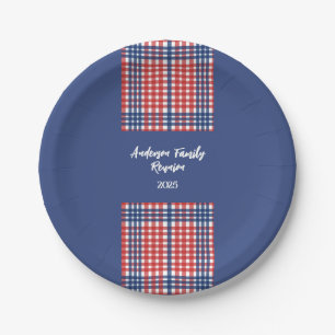 Assiettes En Carton Réunion en famille En vichy rouge, blanc et bleu
