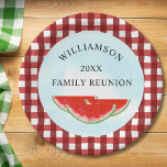 Assiettes En Carton Réunion familiale de pastèque<br><div class="desc">Prévoyez-vous une réunion de famille ? Ajoutez ces assiettes en papier gaies à votre décor de table. Elles sont décorées de pastèques aquarelles et d'un ciel bleu sur un arrière - plan de buffle rouge et blanc. Facile à personnaliser. Aquarelle originale © Michele Davies.</div>