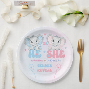 Assiettes En Carton Révélation de genre Éléphant rose et bleu