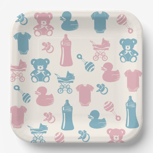 Assiettes En Carton Révélation de genre rose et bleu (Recto)