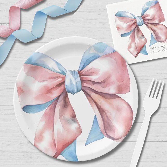 Assiettes En Carton Révélation de genre simple Rose Blue Bow (Simple Pink Blue Bow Gender Reveal Paper Plates)