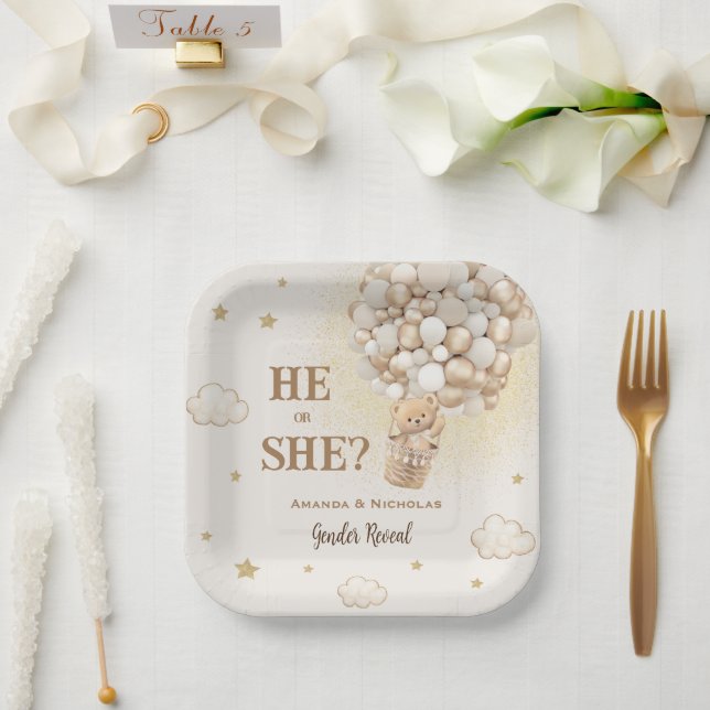 Assiettes En Carton Révélation du genre de l'ours Boho Minimal (Mariage)
