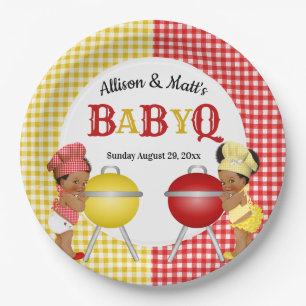 Assiettes En Carton Révélation du sexe Rouge Jaune Gingham Bébé Q BBQ