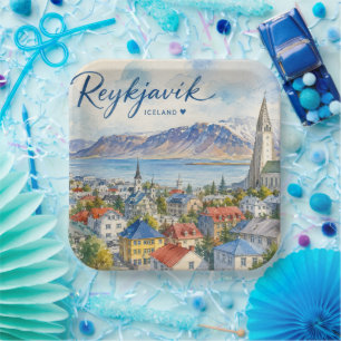 Assiettes En Carton Reykjavik Islande aquarelle souvenir