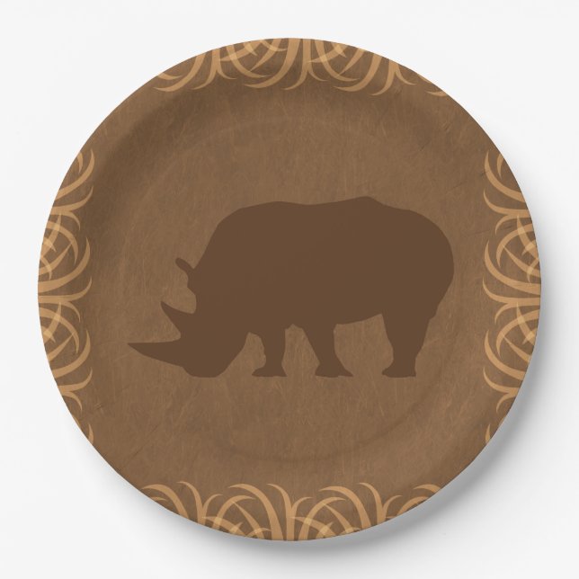 Assiettes En Carton Rhinocéros de thème de safari avec la frontière (Devant)