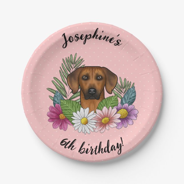 Assiettes En Carton Rhodesian Ridgeback Chien Et Fleurs Anniversaire F (Devant)