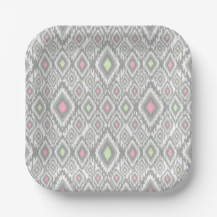 Assiettes En Carton Rhombus gris, vert, rose sur un blanc