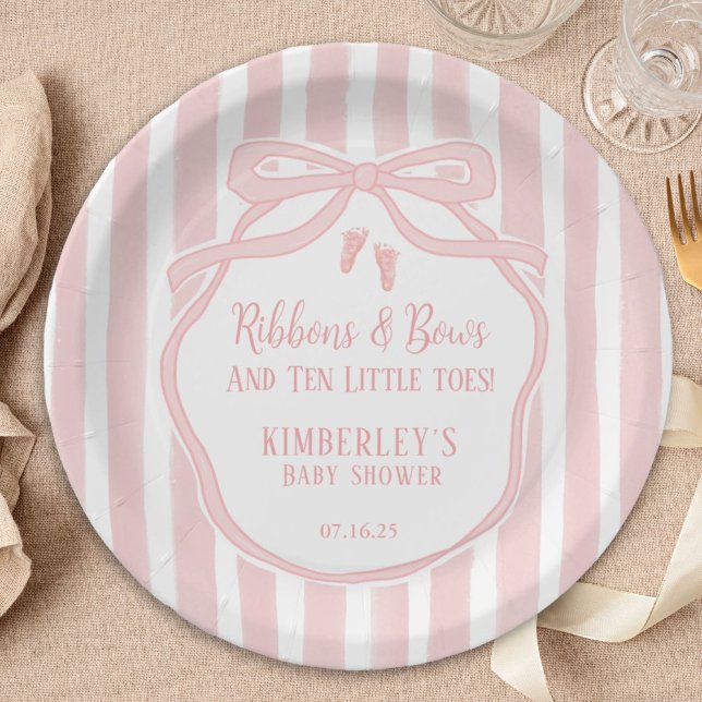 Assiettes En Carton Ribbons Bows Ten Little Toes Bow Girl Baby Shower (Créateur téléchargé)