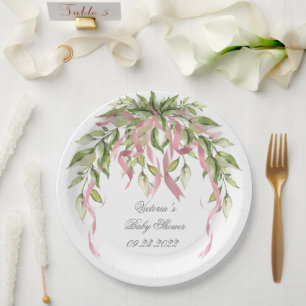 Assiettes En Carton Ribbons rose verdoyant Baby shower élégant