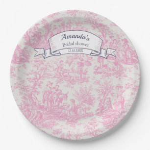 Assiettes En Carton Rideau de douche vintage toile de Jouy rose à moti