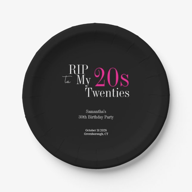 Assiettes En Carton RIP 20s 30th Birthday Party Black Pink (Devant)