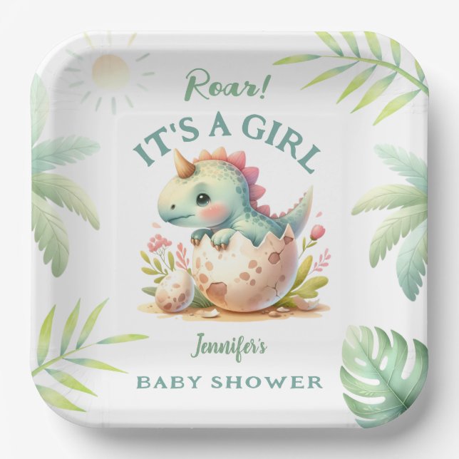 Assiettes En Carton Roar C'est une fille rose Dino Dinosaur Baby showe (Recto)