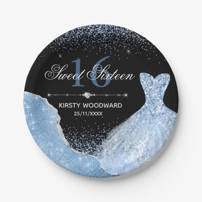 Assiettes En Carton Robe bleu clair Aquarelle Douce 16 Anniversaire (Devant)