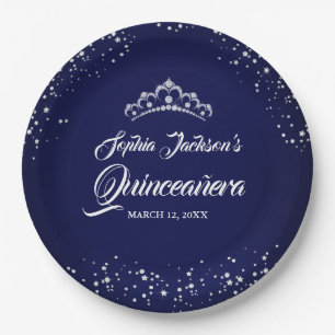 Assiettes En Carton Robe de Quinceanera à paillettes diamantées argent