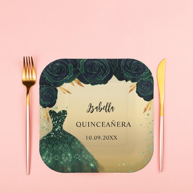 Assiettes En Carton Robe en or vert émeraude Quinceanera (Créateur téléchargé)