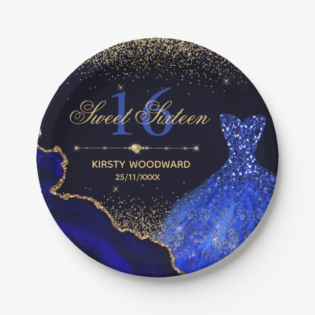 Assiettes En Carton Robe et agate de parties scintillant bleu Aquarell (Devant)