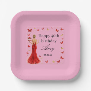 Assiettes En Carton Robe rouge élégante pour 40e anniversaire papillon