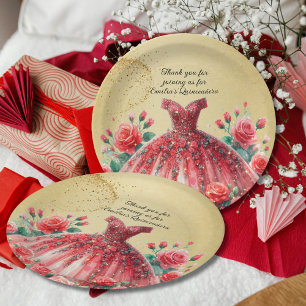 Assiettes En Carton Robe Rouge Quinceañera Roses or personnalisé