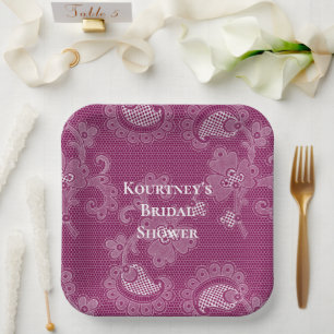 Assiettes En Carton Robes de mariée Floral en dentelle blanche Vin de
