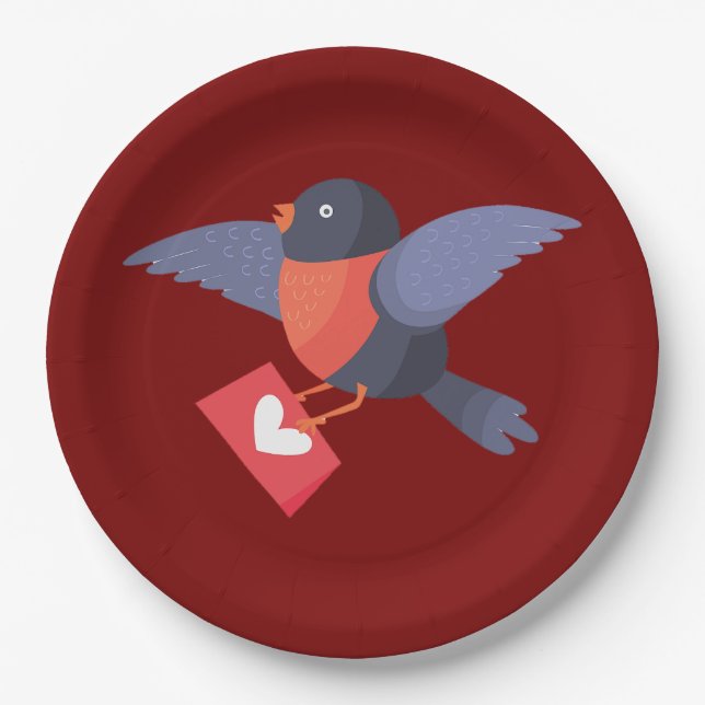 Assiettes En Carton Robin Bird Flying with Red Heart Love Letter (Devant)