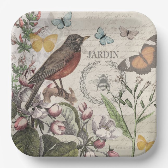 Assiettes En Carton Robin Elegant Bird Butterfly French Art (Recto)