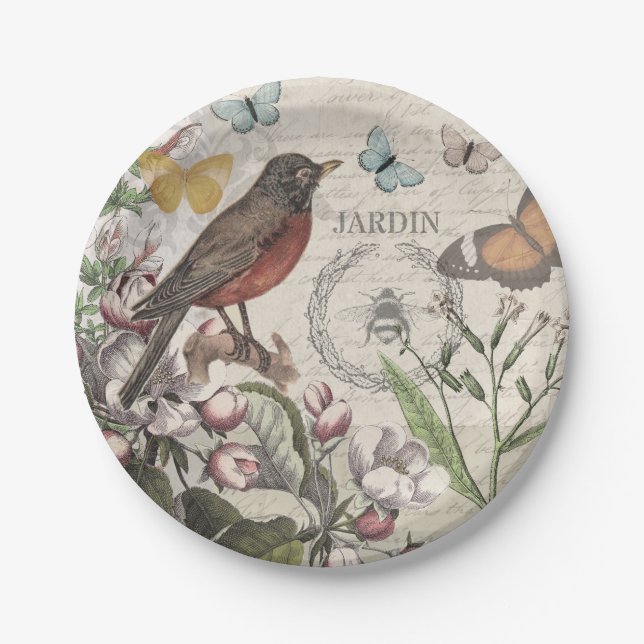 Assiettes En Carton Robin Elegant Bird Butterfly French Art (Devant)