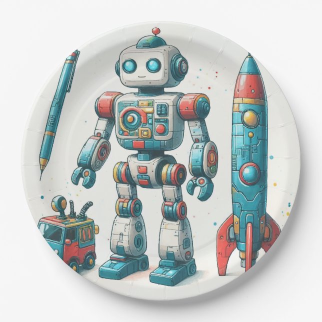 Assiettes En Carton Robot avec vaisseau spatial (Devant)