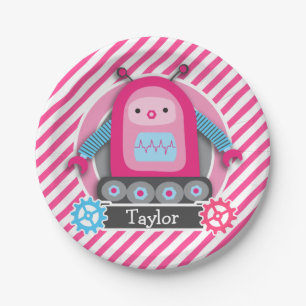 Assiettes En Carton Robot de fille rose et bleu; bandes rose et blanch
