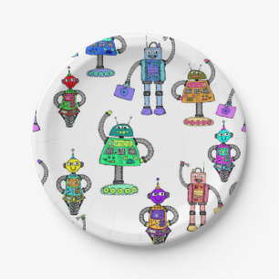 Assiettes En Carton Robots mignons colorés sur l'arrière - plan blanc
