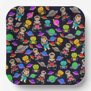 Assiettes En Carton Robots rétro-enfants et astronautes