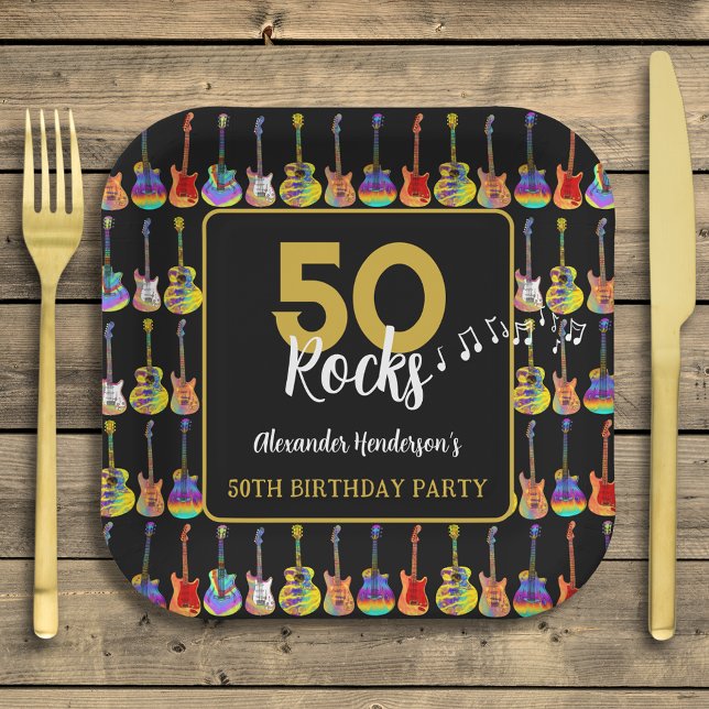 Assiettes En Carton Rocher et Rouleau 50e fête d'anniversaire Custom (Guitar 50th birthday party custom black and gold paper plates)