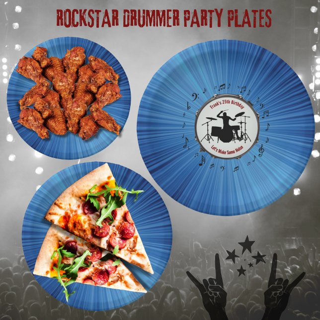 Assiettes En Carton Rock Out avec batteur Anniversaire Plaques papier  (Rock Out with Blue Color Burst Drummer Birthday Party Paper Plates)