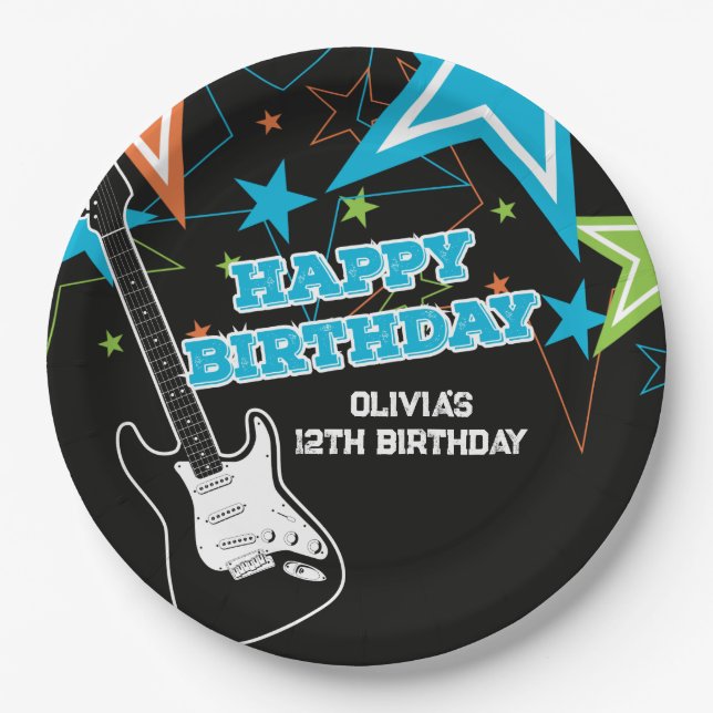 Assiettes En Carton Rock Star Anniversaire Guitare Stars Blue Orange (Devant)